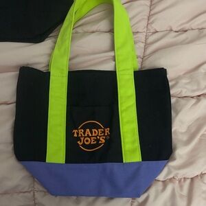 Trader Joe's Black and Purple Tote Bag with Green Handles